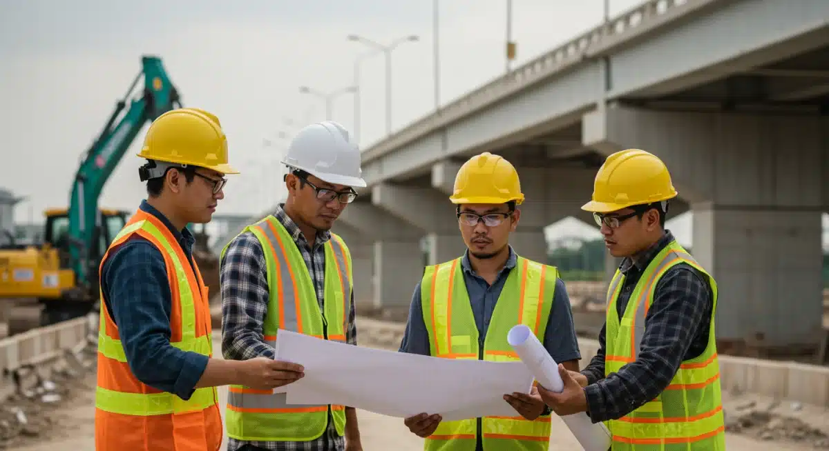 Construction workers reviewing blueprints on a bridge project site