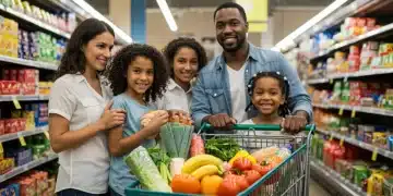 Family happily shopping for groceries with full cart