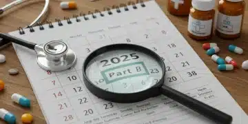Calendar showing 2025 with Medicare Part B premium details, stethoscope, and prescription bottles