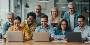 Adults studying on laptops and tablets in a modern co-working space, representing online learning platforms.