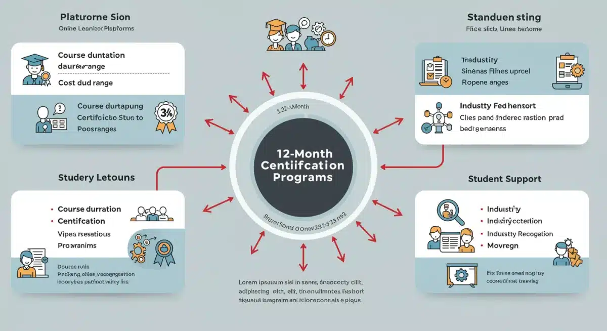 Infographic comparing features of top online learning platforms for 12-month certifications.