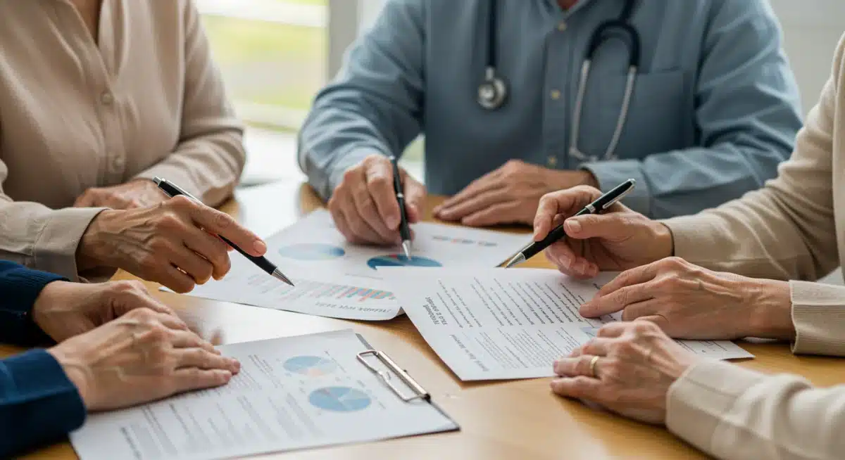 Seniors discussing Medicare Part B premium changes and healthcare documents