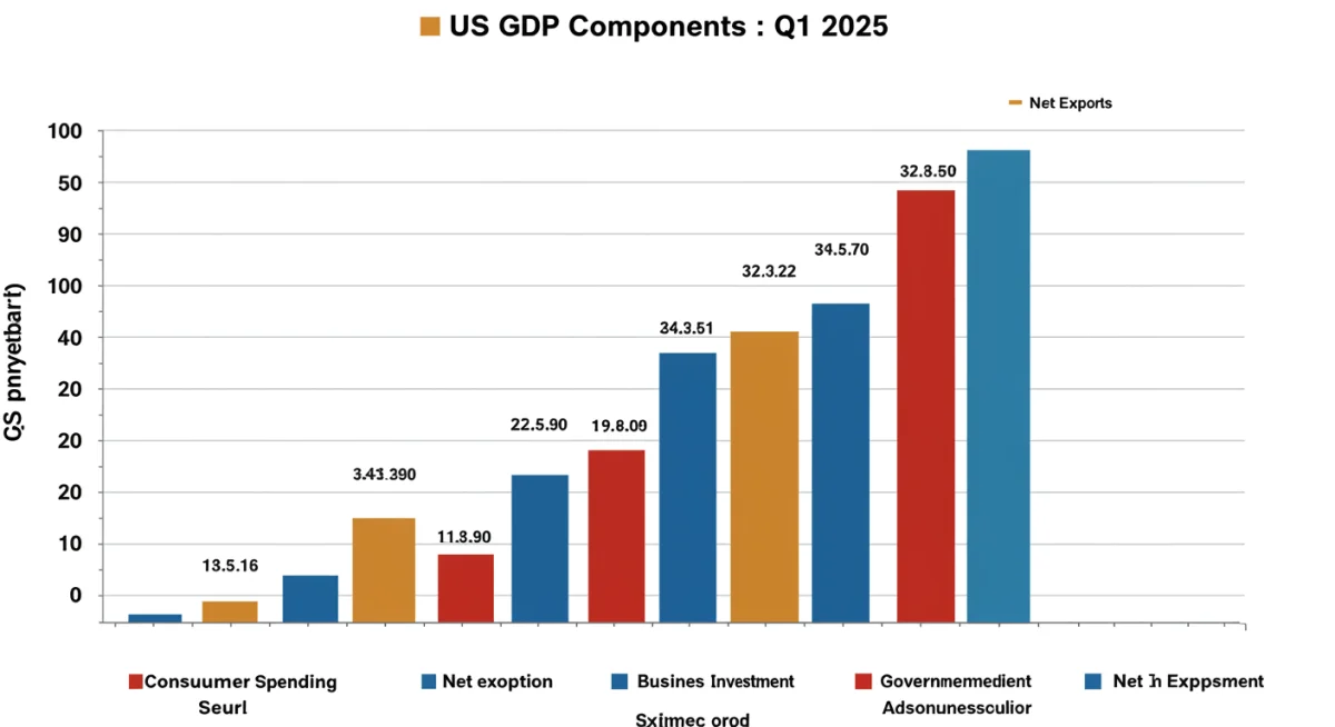 Bar chart detailing components of US GDP growth for Q1 2025, including consumer spending and business investment.