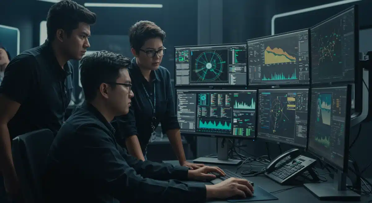Cybersecurity analysts monitoring network security in a control room