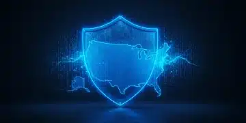 Digital shield protecting US map, symbolizing cybersecurity