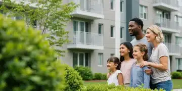 Family smiling in front of a modern apartment building, symbolizing housing security.