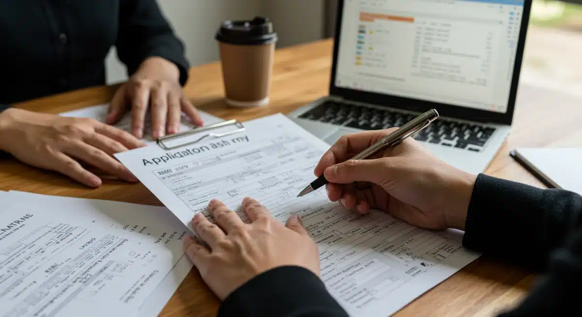 Hands filling out a housing assistance application form with pen and documents.