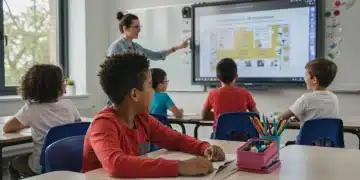 Children learning in a modern classroom with interactive technology