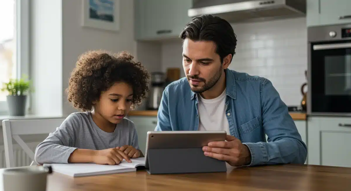 Parent and child studying together at home