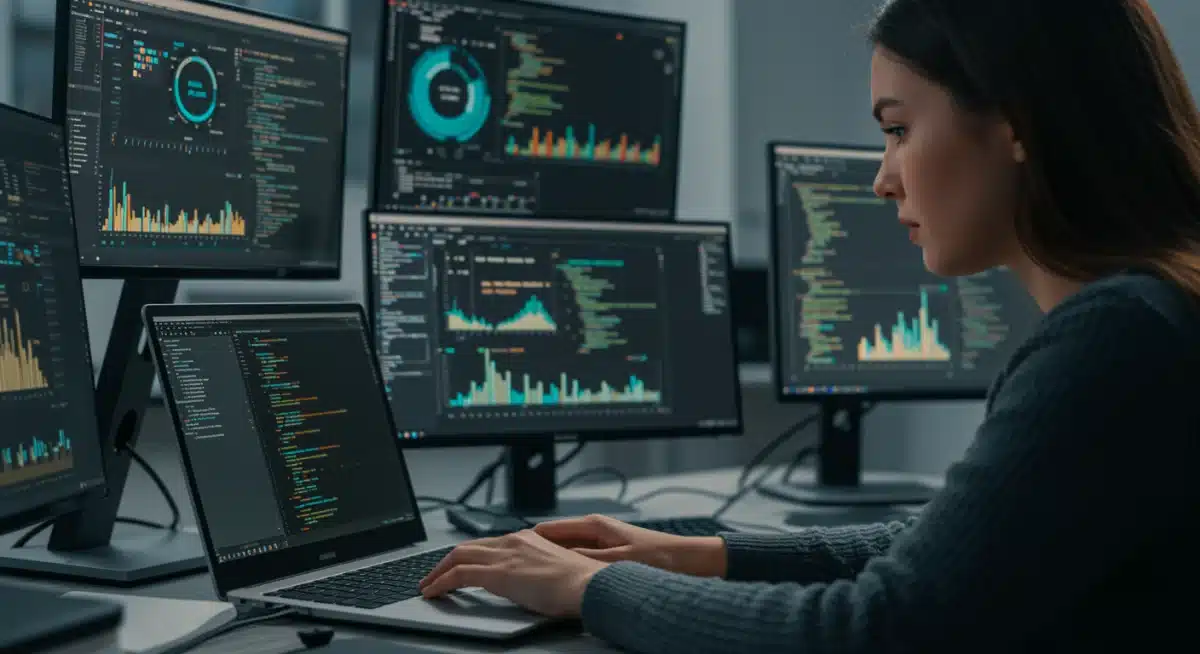 Student working on AI coding project with data visualizations.