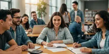 Students collaboratively studying in a bright university library with tax forms subtly visible
