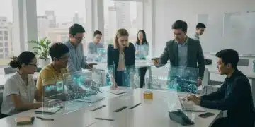 Students and professors interacting with AI technology in a modern university classroom.
