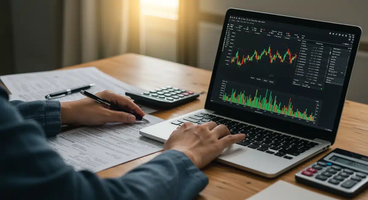 Investor analyzing financial data and tax documents for capital gains planning