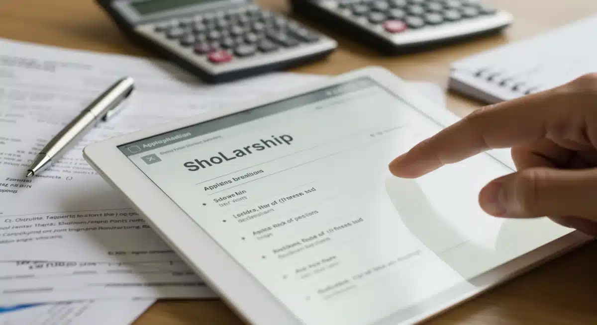 Hand highlighting scholarship information on a tablet, with financial aid documents.
