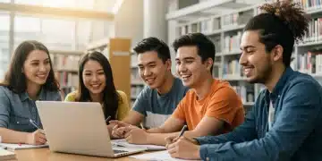 Students collaborating in a modern university library, symbolizing accessible higher education.