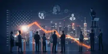 Graph showing declining unemployment rate with diverse professionals in a thriving city, symbolizing US job market growth.