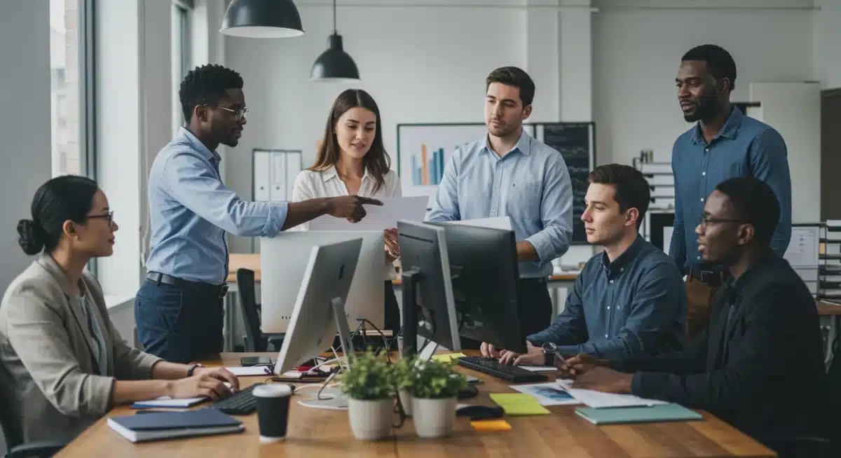 Diverse professionals collaborating in a modern office, symbolizing teamwork and productivity in the US workforce.