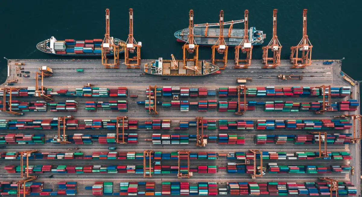Aerial view of a busy port with cargo ships and cranes, illustrating trade and logistics.