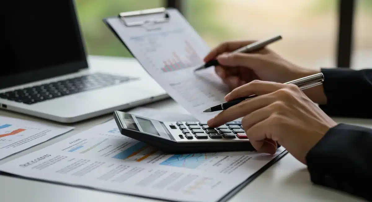 Hands calculating tax credits with financial documents and laptop