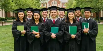 High school students celebrating early college success on a campus