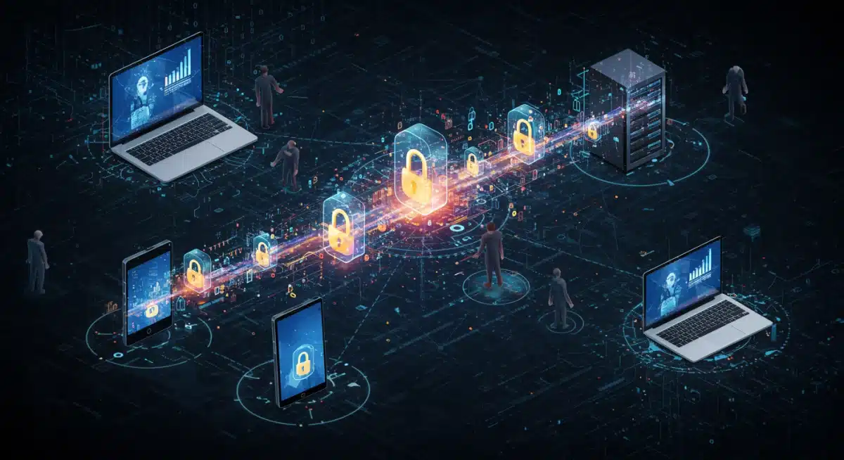 Encrypted digital data flowing between devices, symbolizing privacy