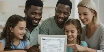 Family reviewing tax documents on a tablet, symbolizing EITC benefits