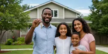 Family smiling in front of their home, symbolizing housing security and relief.