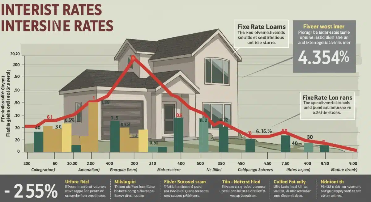 Infographic depicting falling interest rates for fixed-rate mortgages below 6.5% with economic indicators and a house.