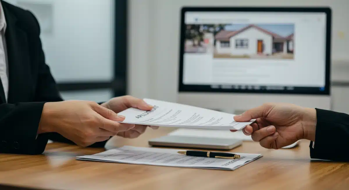 Hands exchanging housing assistance application documents, signifying the process of applying for aid.