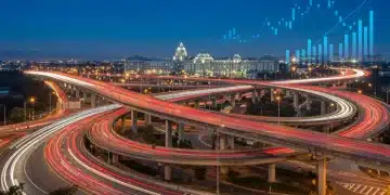 Modern highway infrastructure with a digital overlay representing economic and legislative impact.