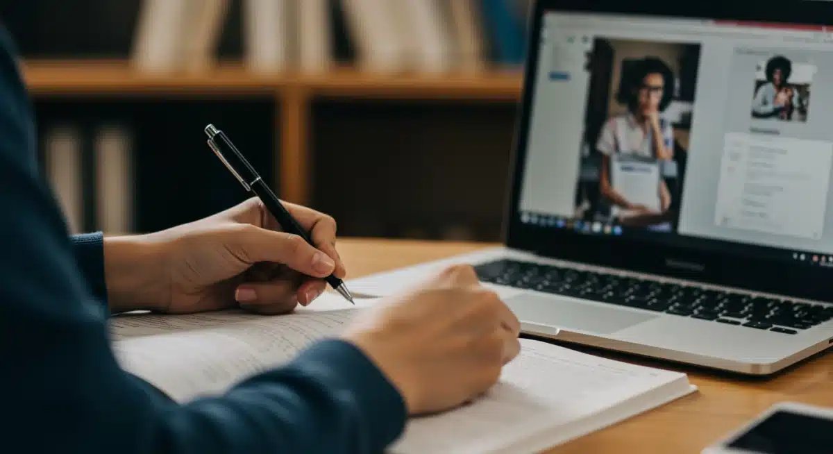 Student actively engaging with college-level coursework