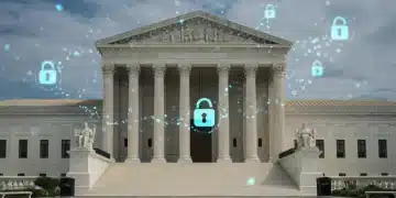 Supreme Court building with digital data and privacy lock icons