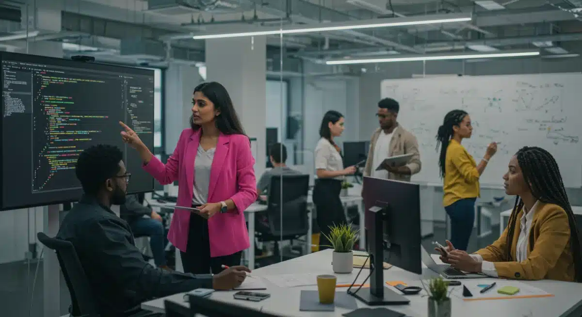 Professionals collaborating in a modern tech office, symbolizing job growth in the technology sector.