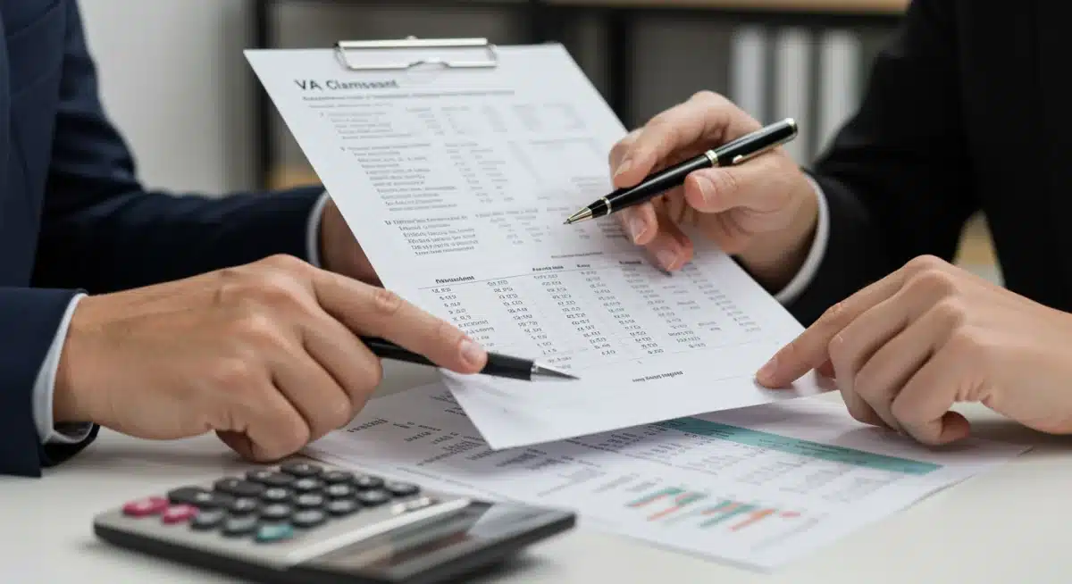 VA claims specialist assisting a veteran with disability compensation calculations and forms