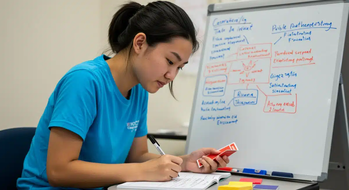 Student using flashcards and whiteboard for active recall study method.