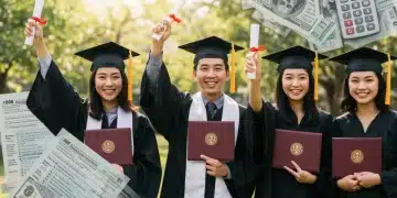 Students celebrating graduation with tax forms overlay, symbolizing education tax credit benefits.