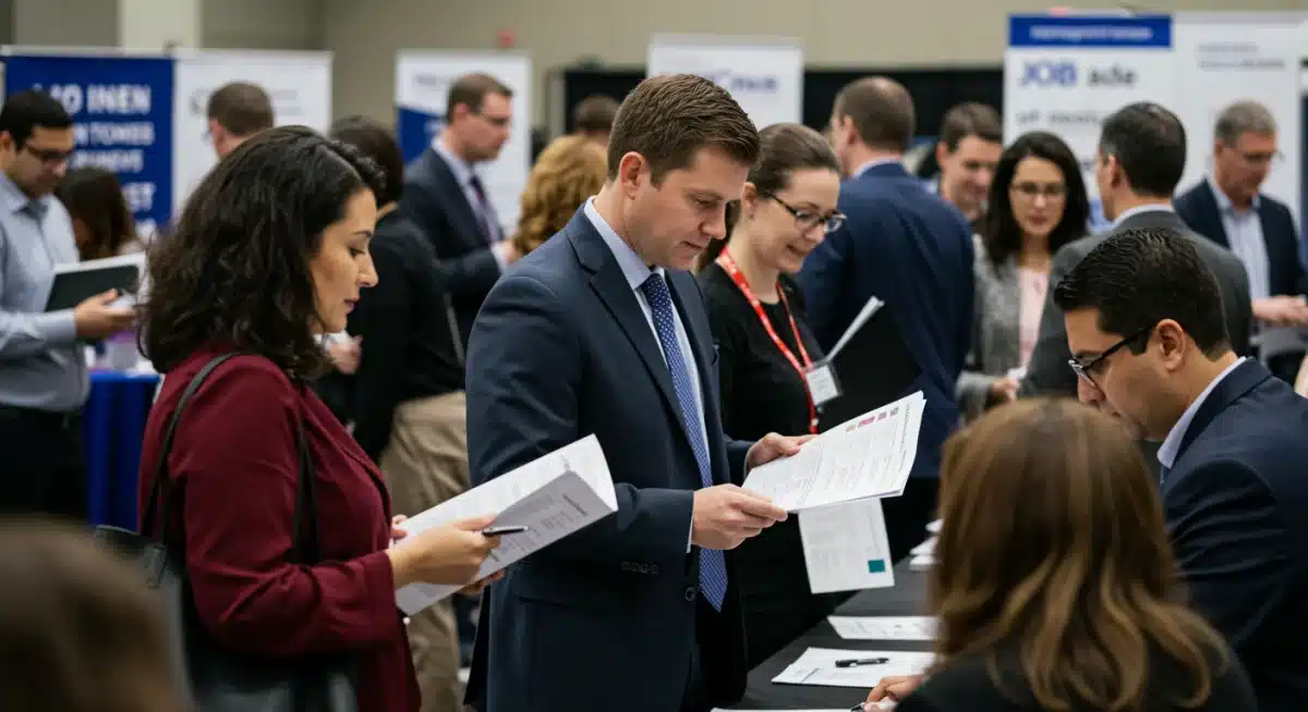Diverse job seekers at a career fair, representing individuals who might need federal unemployment benefits.
