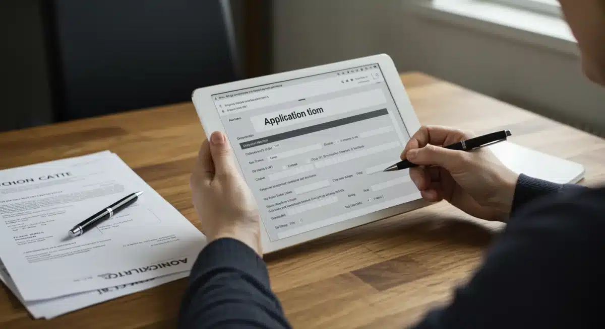 Person carefully completing an online application for federal unemployment benefits on a tablet.
