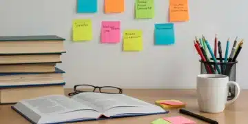 Organized study desk with books, laptop, and notes, representing effective study strategies.