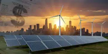 Illustration of solar panels and wind turbines, symbolizing renewable energy and federal funding