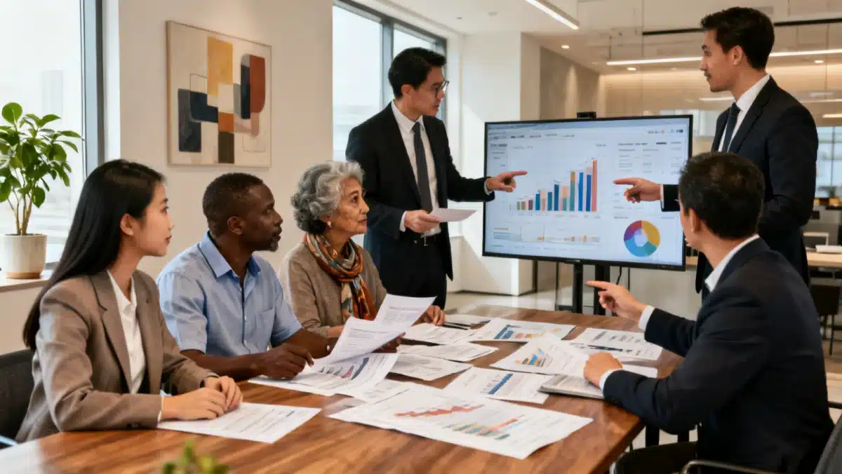 Diverse retail investors consulting financial advisors for new SEC regulations