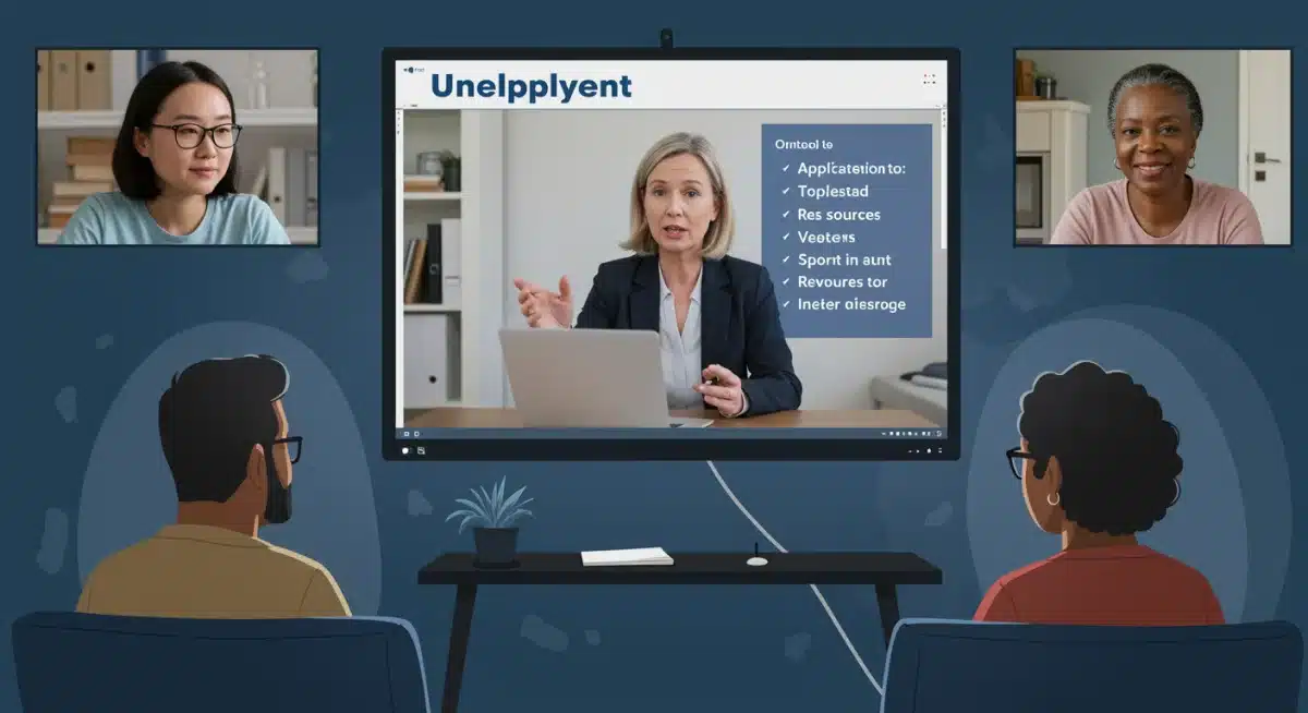People participating in a virtual workshop on unemployment benefits application and support