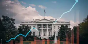 White House with economic growth charts, symbolizing the new 5-year plan.