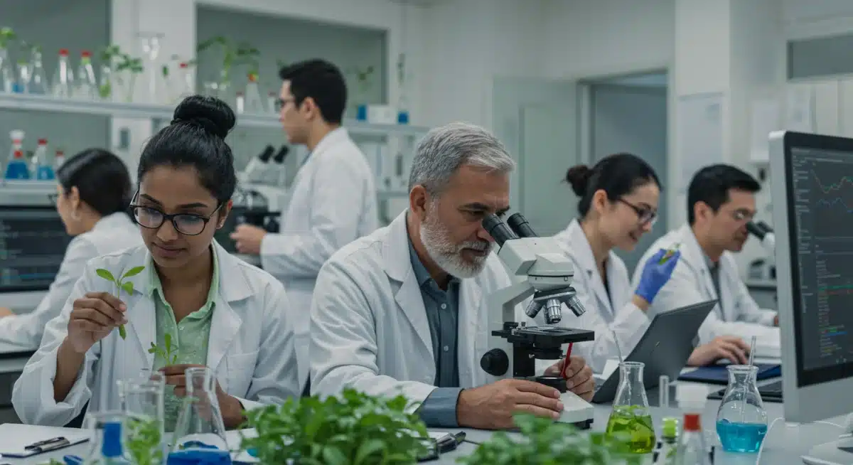Agricultural scientists in a lab, analyzing plant samples and data, symbolizing research and development for crop yield improvements.