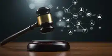 Gavel on table with tech logos, symbolizing new tech regulation bill