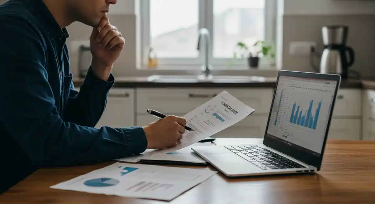 Homeowner reviewing mortgage documents, contemplating financial planning.