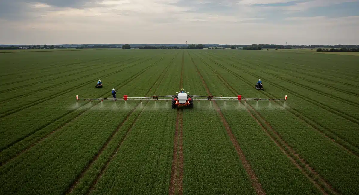 Farmers utilizing precision agriculture technology in a field, showing drones and GPS-guided tractors for optimized crop production.