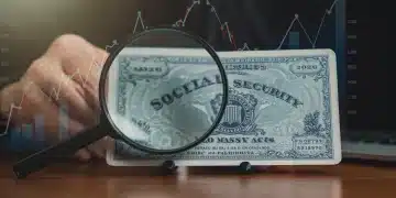 Magnifying glass over Social Security card with rising financial charts, symbolizing benefit maximization for 2026.