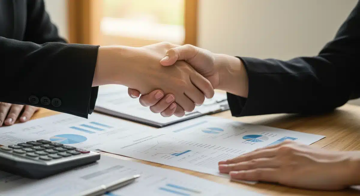Hands shaking over financial document, symbolizing spousal Social Security benefit planning.