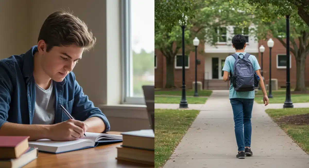 High school student balancing home studies with college campus experience through dual enrollment.